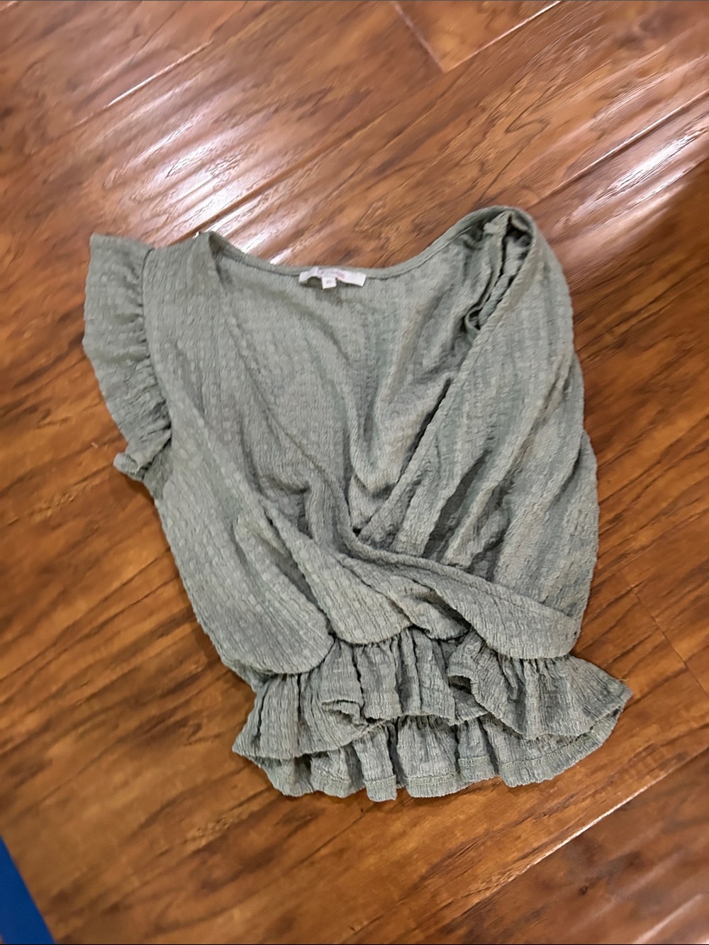 Textured Sage Green Ruffle Wrap Blouse